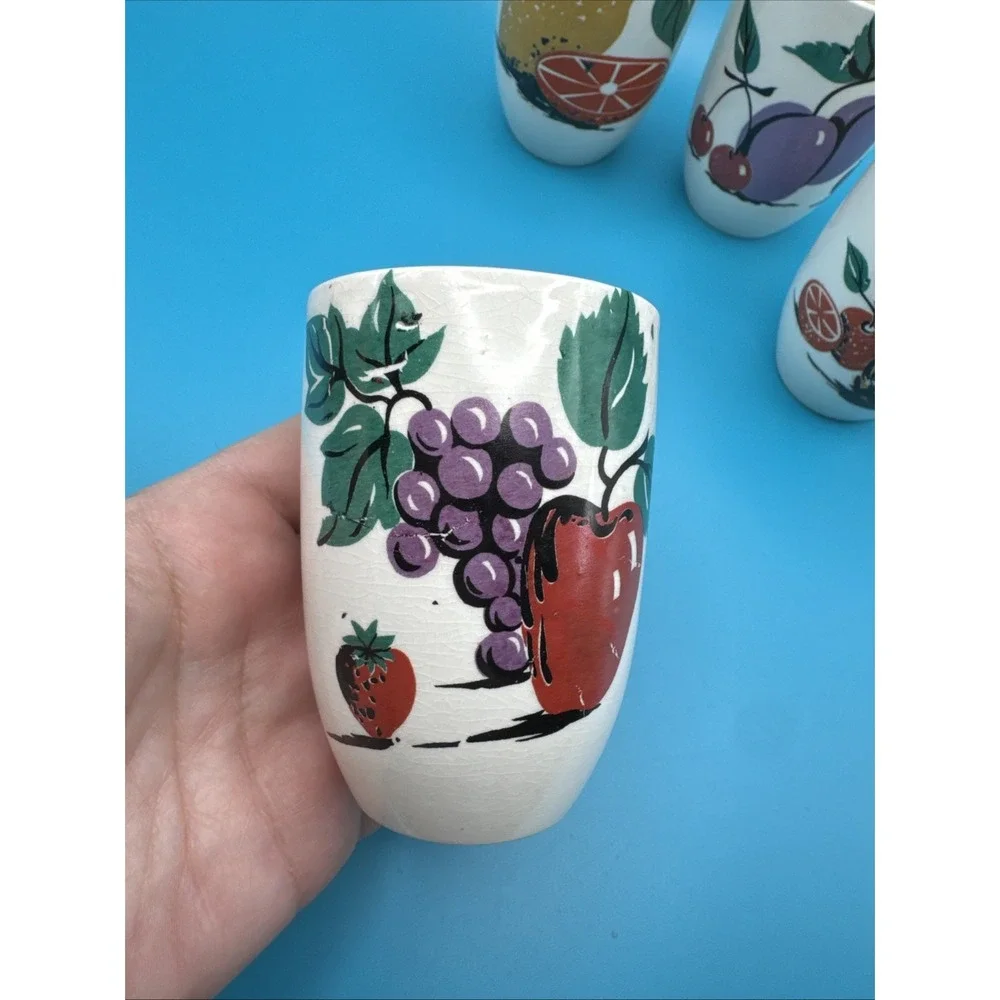 Vintage 60s Cups Juice‎ Drinking Glasses Retro Fruit Pattern White Set 4 Tumbler